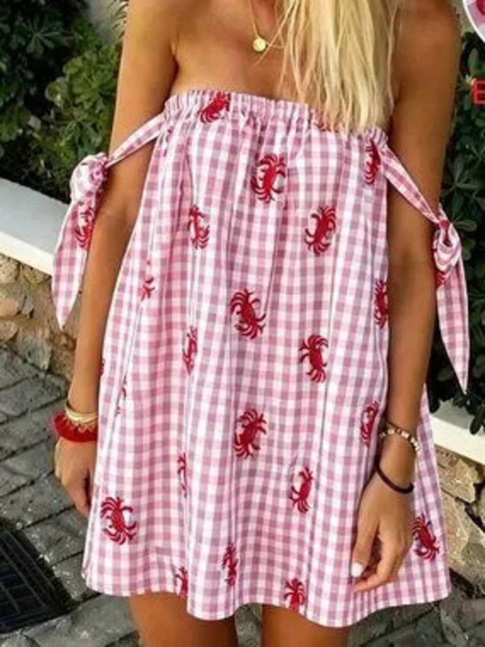 Pink Chic Women's Strapless Plaid Crab Embroidery A-Line Mini Dress